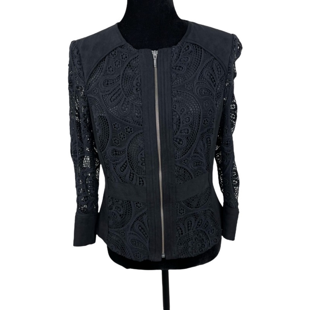 INC International Concepts Black Faux Suede Crochet details full Zipper jacket S